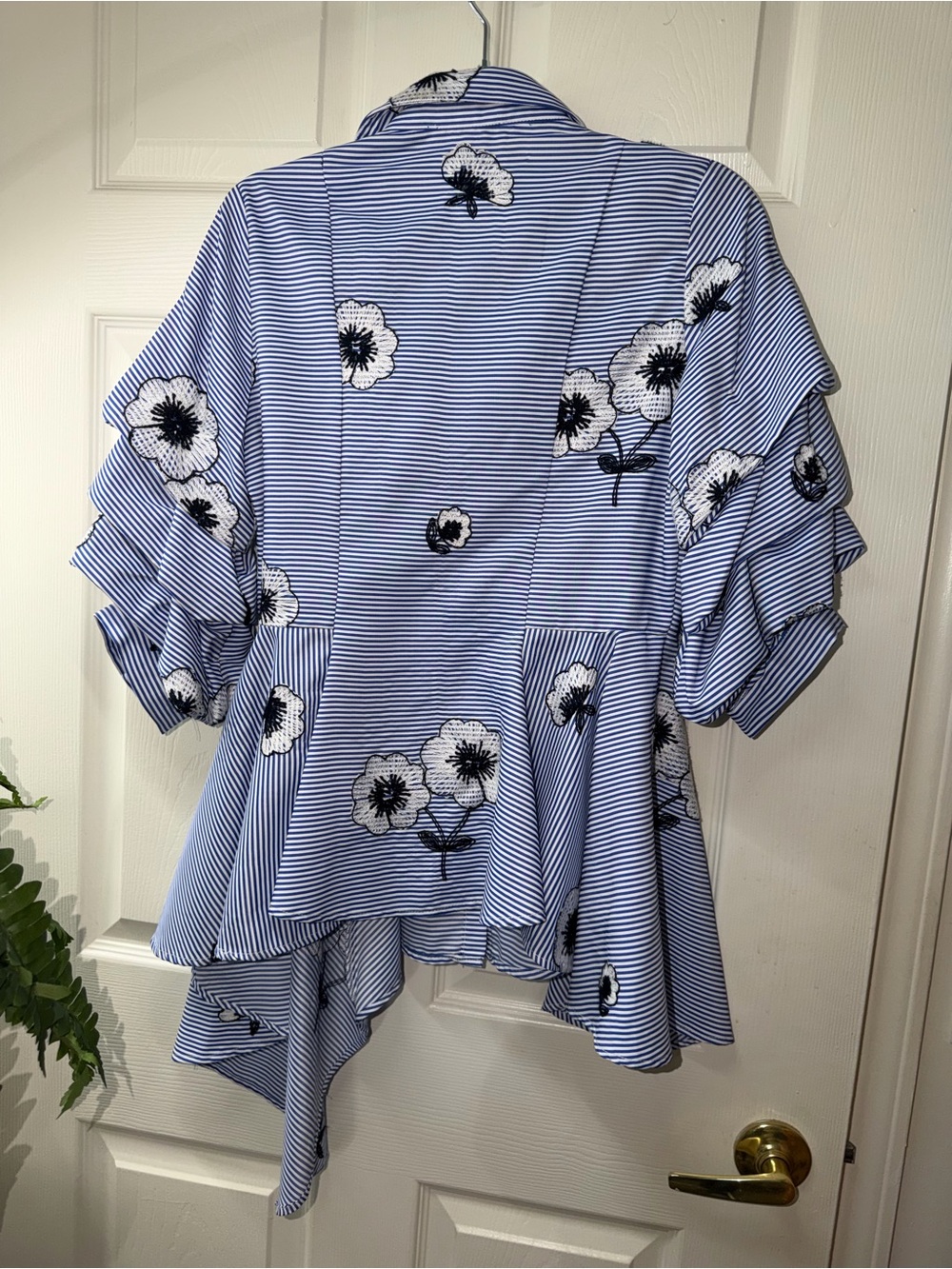 Gracia Blue & White Striped Floral Ruffle Button-Down Shirt - Picture 3 of 3
